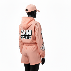 Ensemble short coupe-vent pour femmes Tissu tissé en polyester respirant Couleur pêche Logo en chenille personnalisé Ensemble short coupe-vent grande taille - Product Image 5