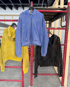 Streetwear Custom Boxy Fit Cropped Diamond Acid Wash Sun Faded 480gsm Heavyweight <b>Zip</b> <b>up</b> Rhinestone Hoodie <b>Men</b> - Product Image 3