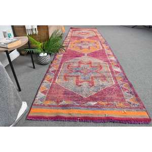 Tapis patchwork en laine vintage 2,9x10,8 pieds, tapis plat turc, décoration de salon rose orange avec support en latex - Product Image 4