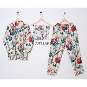 Ensemble de pyjama décontracté sexy en coton indien pour femmes, imprimé floral à la main, respirant, doux, tendance, vêtements de marché pour le printemps - Product Image 1