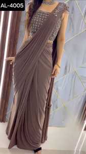 Sari de Georgette Sintética de Último Diseño para Mujer, Listo para Usar, con Blusa Completamente Cosida, Sari de Encaje de Terciopelo para Bodas - Product Image 3