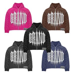 Sudadera con Capucha Personalizada de Estilo Urbano, Bordado Desgastado, Tela de Felpa Extra Grande, Alta Calidad, Lavado Ácido Vintage, con Pedrería, Elegante - Product Image 1