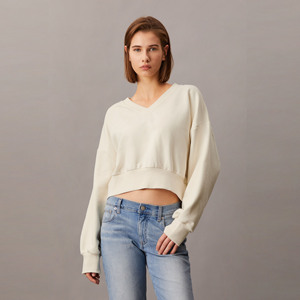 Sudadera con cuello en V personalizada para mujer transpirable 100% algodón liso en blanco mangas completas ropa de calle Sudadera corta con mangas completas - Product Image 1