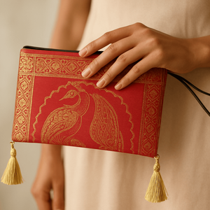 Handmade Red Banarasi Art Zipper Clutch Luxury Women's Leather <b>Bag</b> with Silk Lining Casual <b>Summer</b> Handbag - Product Image 1