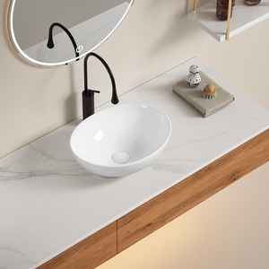 Lavabo Ovalado de Cerámica Blanca para Encimera, Grifos de Pared Compatibles, Categoría de Producto: Lavabos - Product Image 1