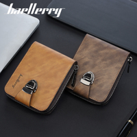 Dompet Pria Baellerry Logo Kustom Vintage Bahan PU Retro Multi-kartu Tempat Koin Dompet Pendek Pintar dengan Ritsleting