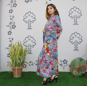 Indian Handcrafted 100% Cotton Kimono Dress Floral Heritage Boho Pattern with Slit Waist Tie <b>Pockets</b> Screen Printed Midi Length - Product Image 2