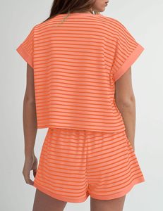 Conjuntos de salón de 2 piezas de verano para mujer, camisetas de manga corta a rayas, Mini Pantalones cortos, Conjunto de pijama acanalado - Product Image 2