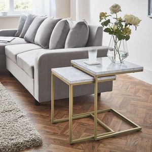 Haute qualité facile à assembler pierre de marbre pliée mdf table d'extrémité en métal nid d'appoint ensemble de 2 tables basses imbriquées - Product Image 2