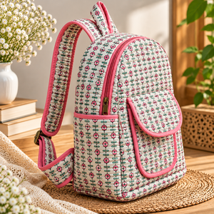 Multicolor Floral Quilted Cotton <b>Backpack</b> With Front Pocket Zipper Closure And Adjustable Straps For Students <b>College</b> And Daily - Product Image 1