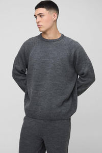 Y2K <b>Men's</b> Winter Hooded Dark <b>Grey</b> Knit Pullover <b>Sweatshirt</b> Relaxed Fit Jogger Pants Set 2Pcs Solid Casual Outfit Ribbed Trim - Product Image 3