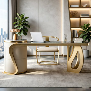 <b>White</b> Sintered Stone Executive Writing <b>Desk</b> with Gold Accents Carbon Steel Frame Abstract Curved Design 1-Year Warranty - Product Image 3