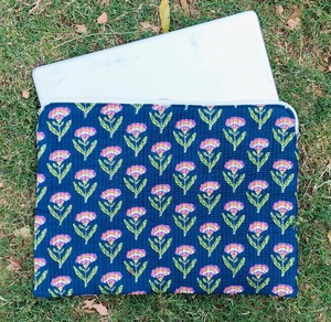 Handmade Quilted Cotton <b>Laptop</b> Sleeve: Blue Floral Print, Padded Protector - Product Image 1