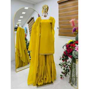 Nouveau Designer Summer Party Salwar Kameez Top Palazzo Dupatta Ensemble Cou Renard Georgette Tissu 40 LONGUEUR Moins Manches De Travail pour - Product Image 1