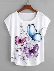 เสื้อยืดผ้าฝ้ายพิมพ์ลายดอกไม้ & ผีเสื้อสำหรับผู้หญิงเสื้อยืดโอเวอร์ไซส์ - Product Image 2