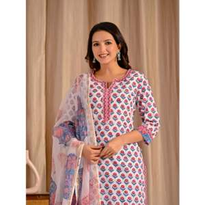 Traje étnico Anarkali de algodón estampado Butta Block blanco y rojo para mujer, ideal para fiestas y ocasiones especiales, hecho con tela de red. - Product Image 1