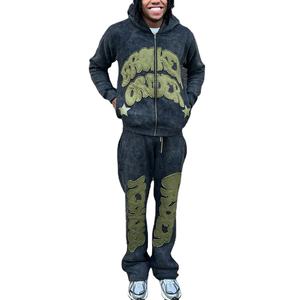 Chándales con estampado acampanado apilado desgastado con lavado ácido y bordado de logotipo personalizado de invierno para hombre 100% algodón - Product Image 1