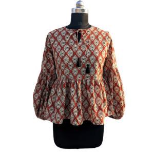 เสื้อผ้าฝ้ายพิมพ์ลายบล็อกสไตล์อินเดียลำลองสำหรับฤดูร้อน ลายดอกไม้โบฮีเมียน เป็นมิตรกับสิ่งแวดล้อม แห้งเร็ว ทันสมัย - Product Image 1