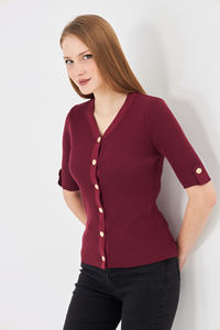 Cárdigan Elegante de Manga Corta para Mujer, Cómodo, Transpirable, de Punto Acanalado, Corte Ajustado, con Botones, Top de Punto para Verano, Estilo Moderno para Damas - Product Image 2