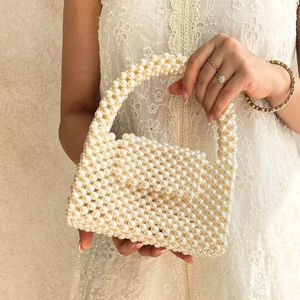 Ivory Pearl Beaded <b>Plastic</b> Hobo <b>Bag</b> Handmade Modern Statement Purse | Elegant Bead Shoulder <b>Bag</b> | <b>Large</b> Wardrobe Storage Handbag - Product Image 1