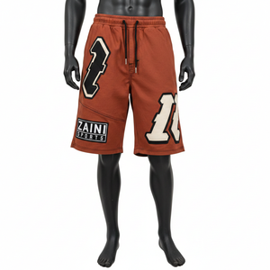 Shorts de basket-ball pour hommes en molleton de coton, couleur brun rouille, avec broderie de numéro et logo personnalisé, doux et épais, pour la salle de sport - Product Image 6