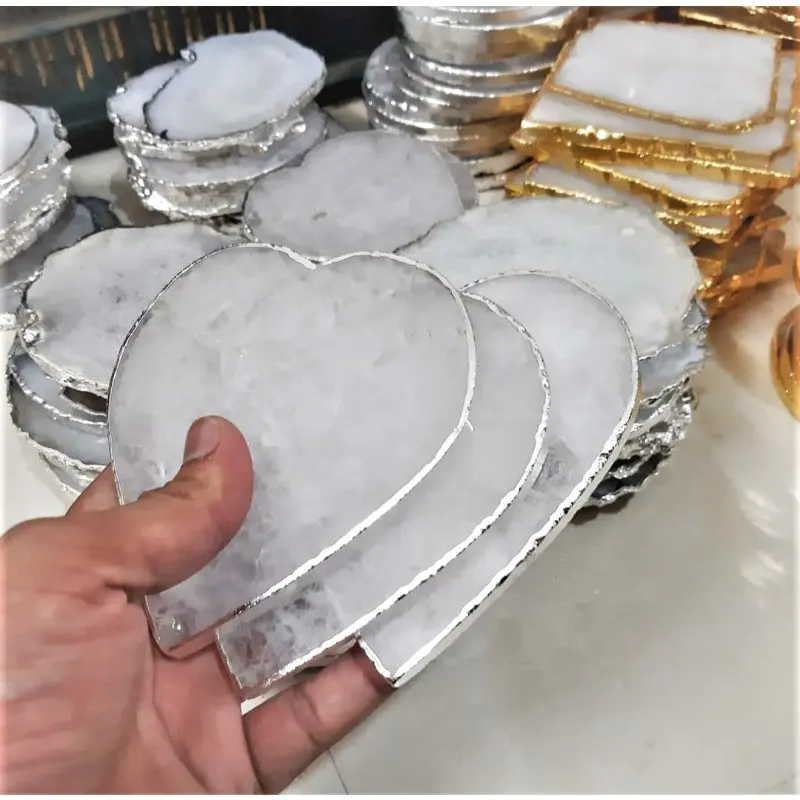 Latest Wholesale White Quartz Agate Natural Stone Heart Shape Silver Edge Tea Cup Coasters Agate Slices Crystals Crafts Slices