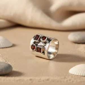Vintage 925 <b>Silver</b> Cluster Ring With Garnet Stones Geometric Bezel Setting Unisex Everyday Wear Fine Jewelry - Product Image 2