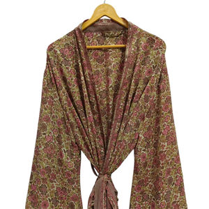 Vestido de maternidad suave hasta el tobillo bata de seda bata multicolor ropa de noche bata India Vintage seda reciclada Sari Kimono - Product Image 1