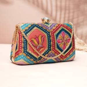 Artklim Half Moon Pattern Evening <b>Clutch</b> Turquoise & Multicolor Lotus Motif for Parties and <b>Weddings</b> - Product Image 2