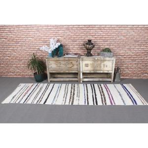 Tapis Kilim turc 2,7x8,8 pieds, tapis vintage en laine à carreaux blancs et bleus - Product Image 2