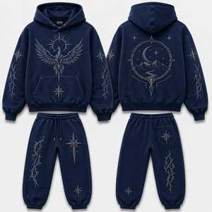 Sudadera con Capucha Bordada con Fénix Celestial, Conjunto Deportivo de Felpa Premium Phoenix Eclipse, Sudadera con Capucha Bordada con Luna Mística - Product Image 3