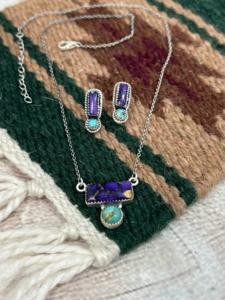 Fait à la main solide 925 en argent Sterling naturel violet Dahilia Turquoise facettes coupe pierres précieuses lunette réglage collier boucle d'oreille ensemble - Product Image 4