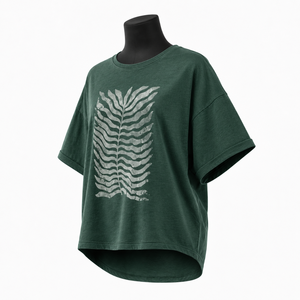 เสื้อยืดสีเขียวทรงโอเวอร์ไซส์สำหรับผู้หญิง พิมพ์ลายใบไม้แบบนามธรรม สวมใส่สบายทรงหลวม ผ้าฝ้าย - Product Image 3