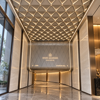 Plafond en grille métallique et plafonnier décoratif avec éclairage intégré pour les intérieurs d'hôtels et commerciaux