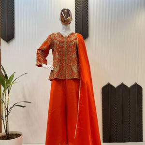 Top et palazzo en soie de chinon pure les plus attrayants avec broderie à séquences lourdes et bordure en dentelle sur quatre côtés avec ensemble Dupatta - Product Image 1