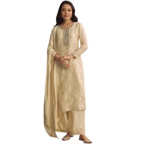 Costume Palazzo en Georgette Banarasi Blanc Ivoire Vente en Gros Vêtements Ethniques pour Femmes Usine de Vêtements OEM Fournisseur en Gros Mode Personnalisée - Product Image 3