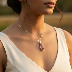 Pendentif en argent 925 pour femme avec pierre précieuse rose plaqué or 24 carats, style religieux, pierre naturelle et breloques en alliage, bijoux cadeau - Product Image 2