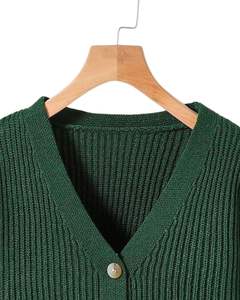Manufacturer Women Dark Green Ribbed Knit Cropped <b>Cardigan</b> Sweater <b>Long</b> Sleeve V Neck Button Front Casual Winter Fashion Top - Product Image 4