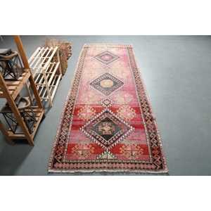 3.3x9 ft <b>Runner</b> Turkish Vintage Rug, <b>Red</b> Patchwork Wool Rug - Product Image 4