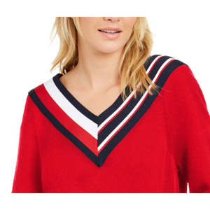 Maglione da donna Tommy Hilfiger stile preppy a righe con scollo a V, traspirante, floreale, lungo, casual, rosso, taglia XL - Product Image 2