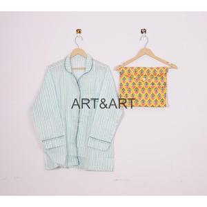 Conjuntos de pijama Contras con estampado de bloque de mano de algodón puro 100% para mujer transpirable y cómodo para descansar con estilo - Product Image 2