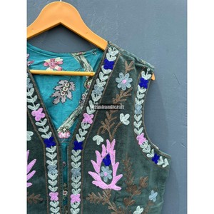 <b>Women's</b> Floral Embroidery Velvet Short Vest Open Stitch Winter <b>Waistcoat</b> with Fabric Accessories <b>for</b> Party Wear and Outer Wear - Product Image 2
