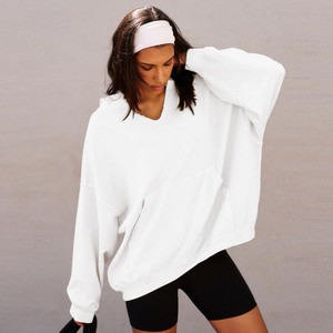 Pull à capuche régulier à col en V pour femmes couleur unie à manches longues léger sweat ample avec poche grande taille hiver - Product Image 5