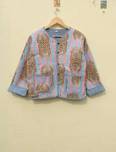 Veste d'hiver indienne matelassée Boho en coton imprimée à la main pour femmes manches complètes réversibles deux poches avant imprimé tigre - Product Image 6