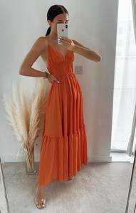 Haute qualité lin coton Maxi robe pour les femmes élégantes conceptions personnalisées Floral solide dos nu Spaghetti sangle naturel taille cravate - Product Image 3