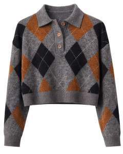 Pull Polo Court en Tricot Argyle Gris Brun Personnalisé pour Femmes Manches Longues Patte de Boutonnage Doux Hiver Casual Mode Haut OEM - Product Image 1