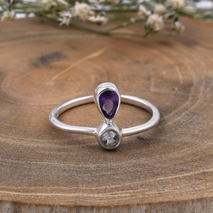 Bague en argent plaqué unisexe ovale avec améthyste et topaze bleue, bague classique naturelle pour mariage, fiançailles et anniversaire, cadeau à la mode - Product Image 2