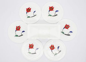 White Marble Inlay <b>Coaster</b> <b>Set</b> <b>with</b> Floral Design Artistic Round <b>Coasters</b> <b>with</b> <b>Holder</b> Elegant Drinkware for Home Decor - Product Image 3