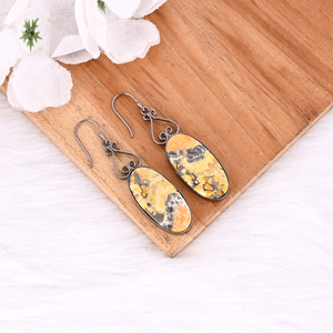 Hermosos y Modernos Pendientes de Latón con Bisel de Rutenio Negro y Jaspe Abeja Natural de Forma Ovalada, Venta al por Mayor para Mujeres y Niñas - Product Image 3
