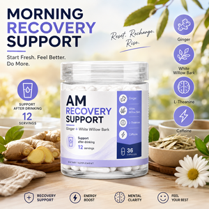 Cápsulas de Apoyo para la Recuperación <span class=keywords><strong>AM</strong></span> con Jengibre, Corteza de Sauce Blanco, L-Teanina, Cafeína, Suplemento para el Alivio de la Resaca Post-Consumo de Alcohol - Product Image 2
